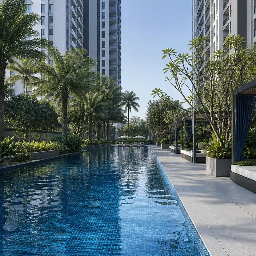 A long swimming pool beside a deck with cabanas and palms