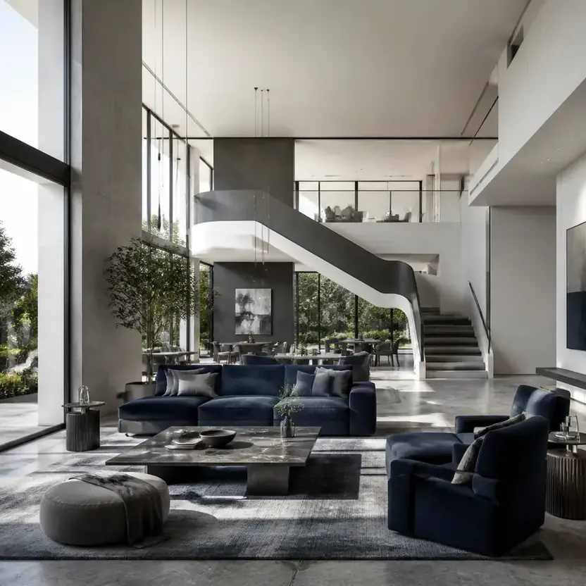 A double-height residents’ lounge with a curved staircase