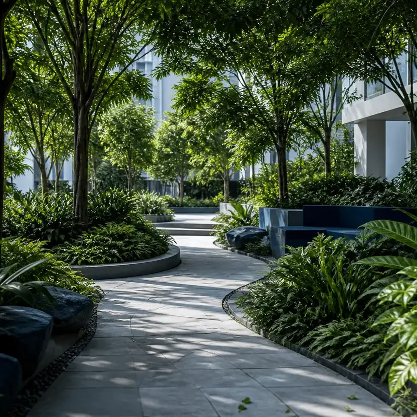A shaded garden path with seating under the trees