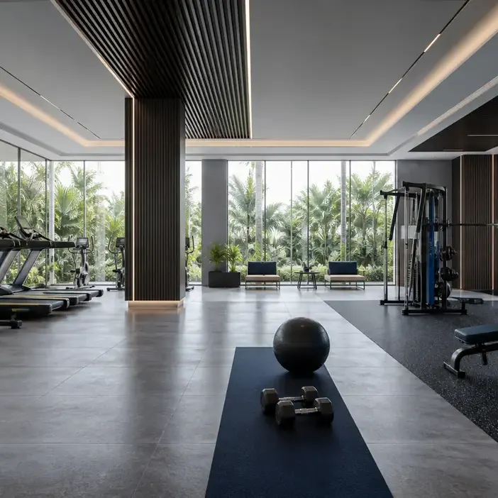 A fitness studio with cardio machines and free weights