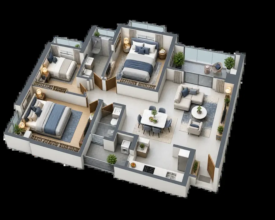 3 BHK, illustrative 3D layout with three bedrooms, a living and dining room, a kitchen with a utility and balconies