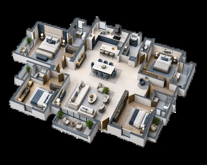 4 BHK, illustrative 3D layout with four bedrooms around a central living and dining room, an open kitchen, a utility and a balcony