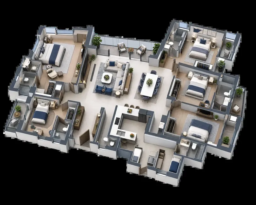 5 BHK, illustrative 3D layout with five bedrooms, a long living and dining room along a wide balcony, and a kitchen